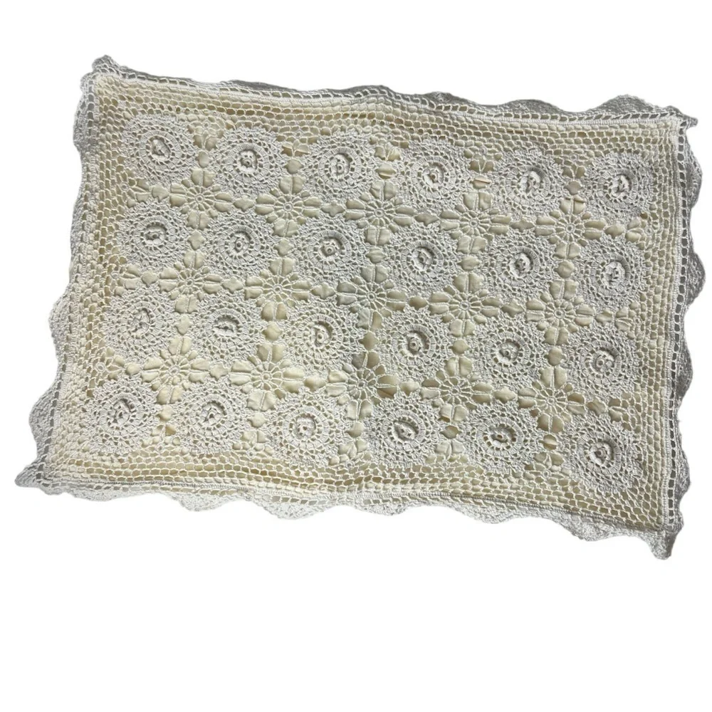 Vtg Crochet Linen Lace Standard Pillow Sham Beige Tan Shabby Cottagecore Chic